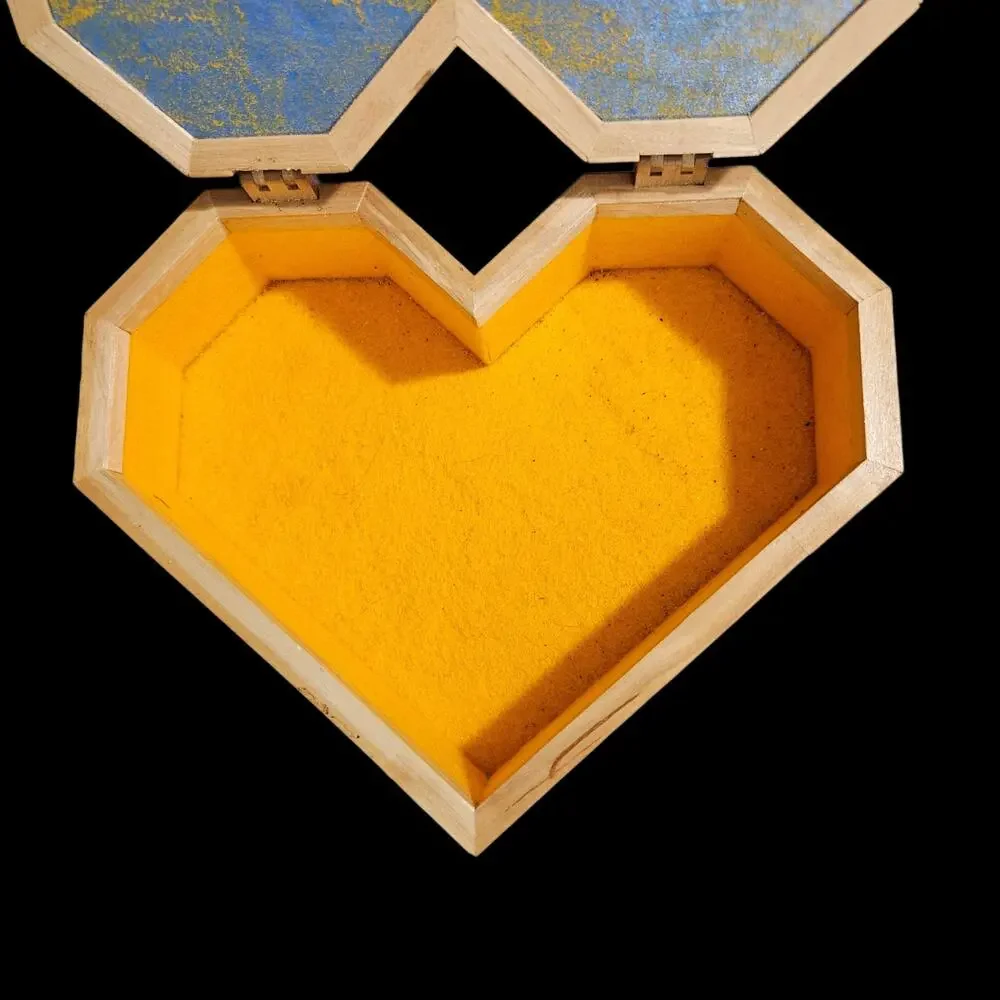 Handcrafted Indian Heart Shaped Wooden Jewelry Box Blue Inlay Folk Art